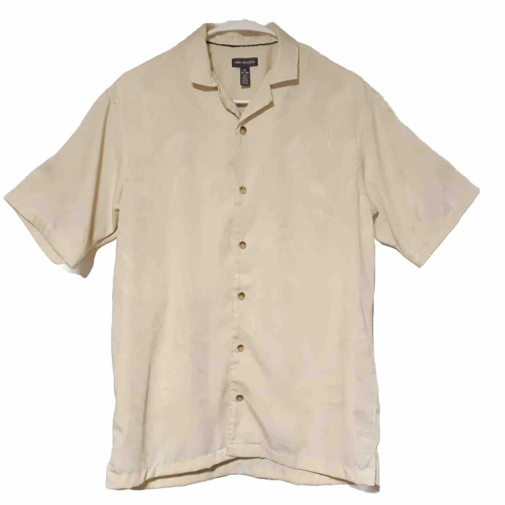 Van Heusen Mens Polo Golf Shirt Short Sleeve Ivory Button Up Small Casual